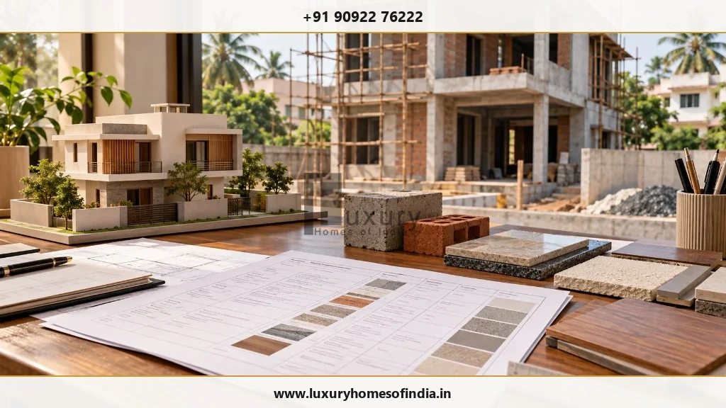 Builder contract documents, blueprints, and materials on desk with luxury residential construction site in background